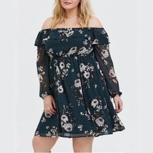 Torrid Floral Chiffon Off Shoulder Skater Mini Dress 1X Green